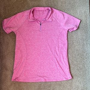 Pink and white textured Amazon golf shirt.